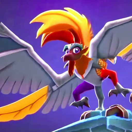 Image similar to screenshot of a humanoid anthropomorphic gryphon bard with a feather in its cap as an enemy in spyro the dragon video game, with playstation 1 graphics, activision blizzard, upscaled to high resolution