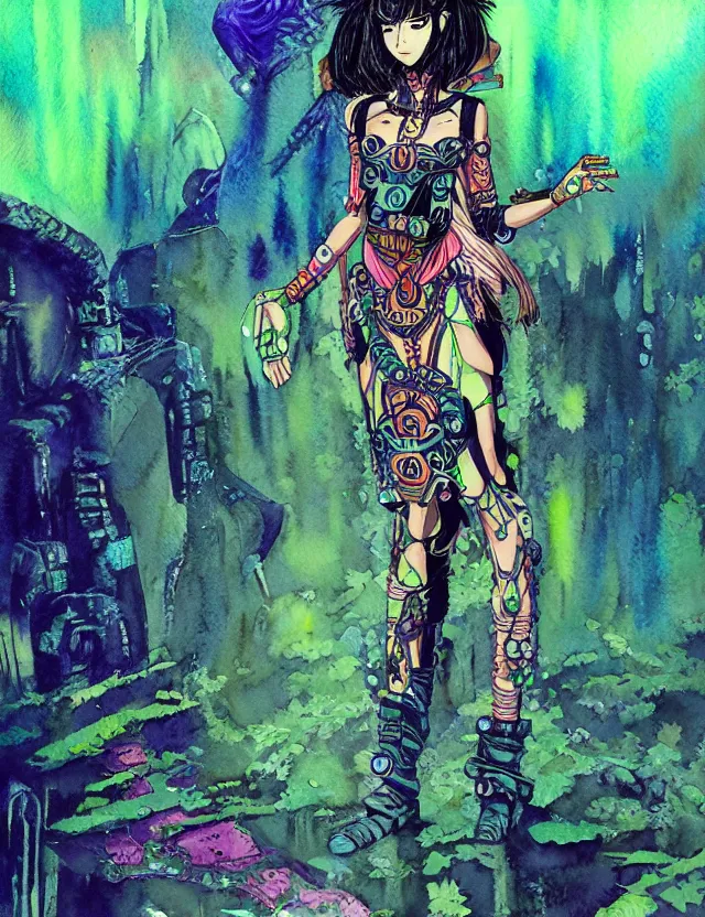 Prompt: aztec scifi princess of the lichen rainforest, wearing a lovely dress with cyberpunk elements. this watercolor painting by the award - winning mangaka has an interesting color scheme, plenty of details and impeccable lighting.