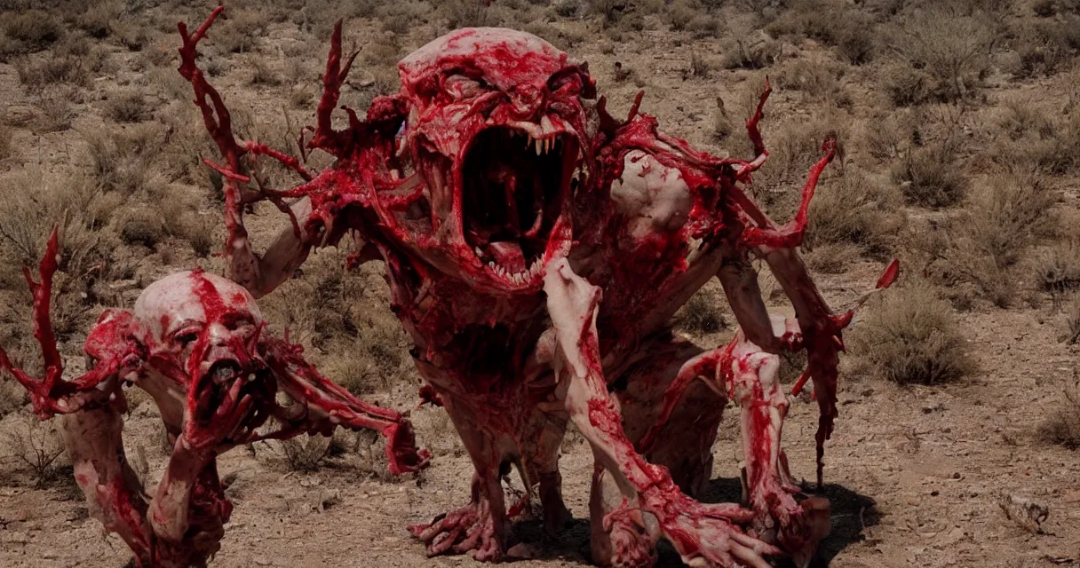 Image similar to in the desert a bloody gross horrifying The Thing creature made of muscle and bone and blood stares at the camera, eating, mid day, 35mm photography, realistic,