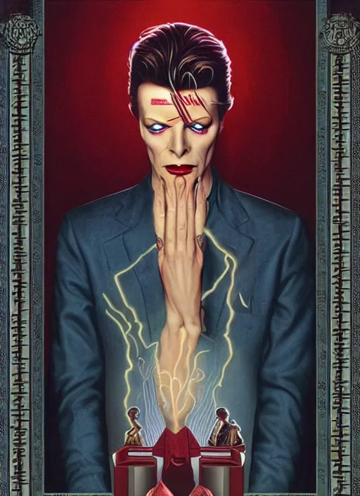 Image similar to twin peaks poster art, portrait of david bowie lost in the labyrinth of the red room, other dimension, this is his fate for the next two years, by michael whelan, rossetti bouguereau, artgerm, retro, nostalgic, old fashioned