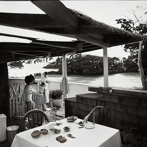 Prompt: breakfast at the porch of a beach house in rio de janeiro in the 8 0 s, photograph, 8 mm