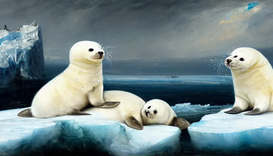 Image similar to highly detailed painting of cute furry white baby seals cuddling into each other on a blue and white iceberg by william turner, by greg rutkowski, by william constable, thick brush strokes and visible paint layers, 4 k resolution