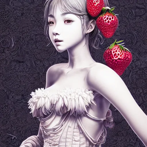 Image similar to the portrait of an absurdly beautiful, graceful, elegant, sophisticated, fashionable young gravure idol made of strawberries and white petals, an ultrafine hyperdetailed illustration by kim jung gi, irakli nadar, intricate linework, bright colors, octopath traveler, final fantasy, unreal engine 5 highly rendered, global illumination, radiant light, detailed and intricate environment