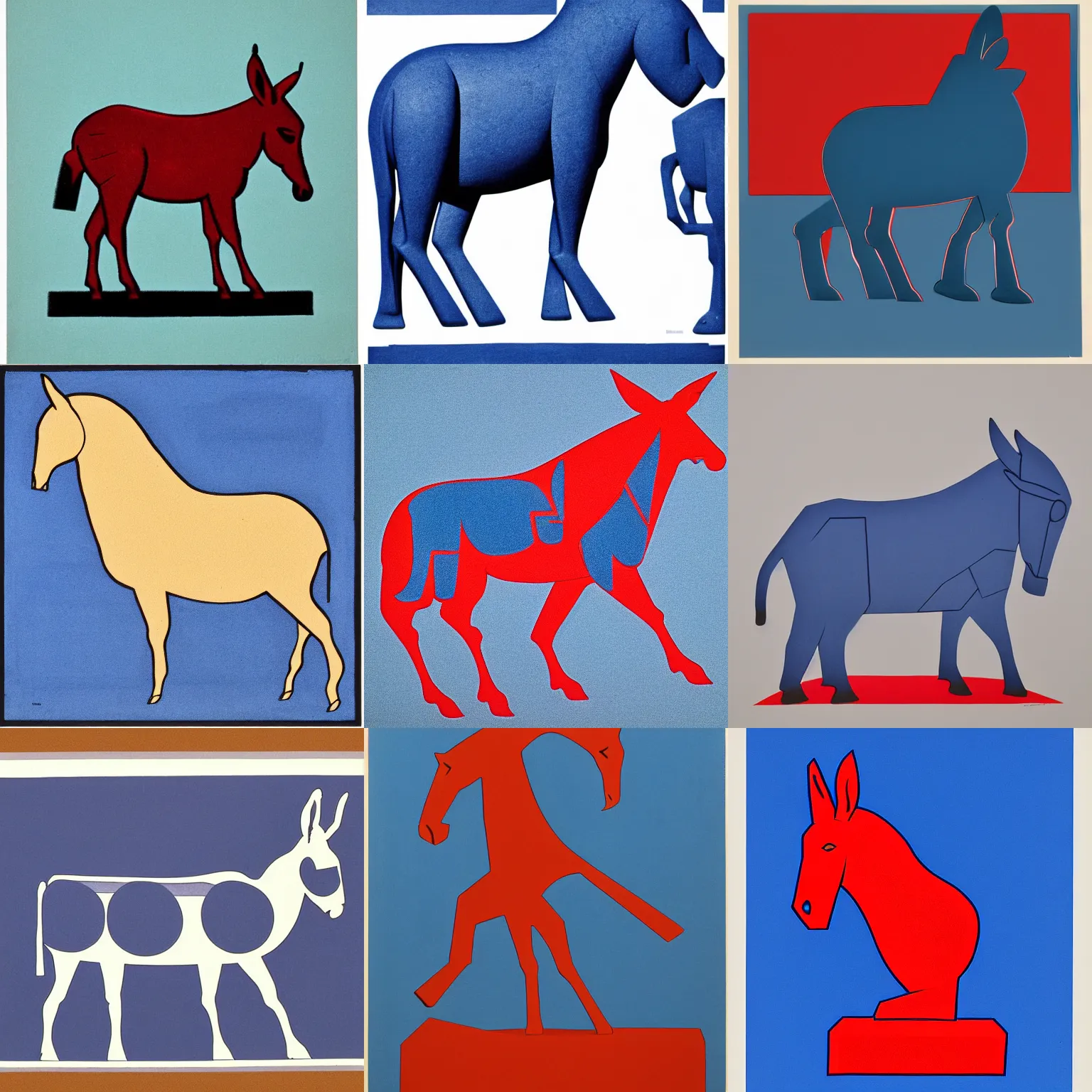 Prompt: lithograph side view of standing donkey, duotone, cycladic sculptural style, flat colors, iconic, simplified, ultramarine blue and red iron oxide