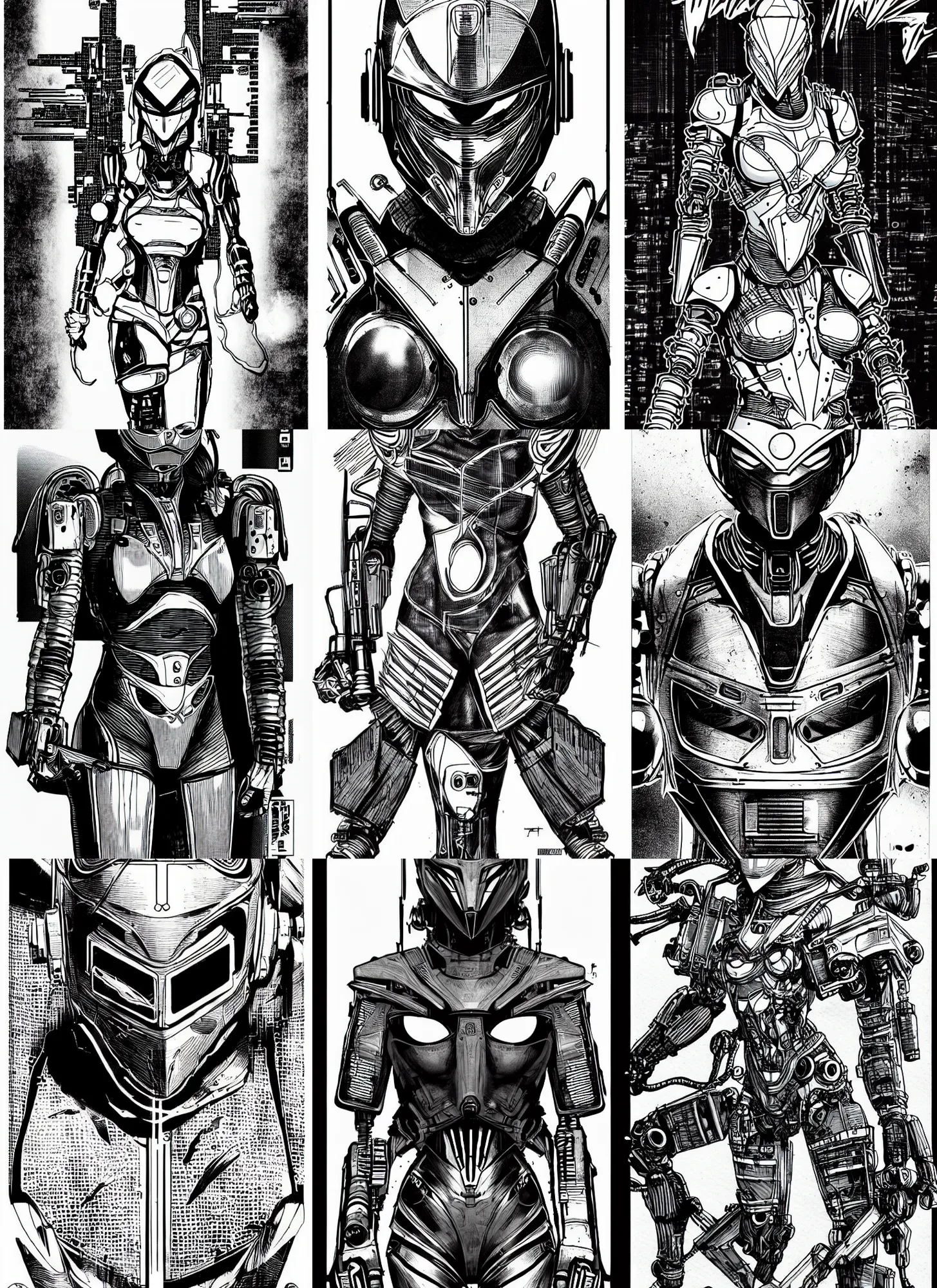 Prompt: combat ninja robot designed by jony ive and dieter rams, warframe art, female, portrait, cyberpunk 2 0 2 0 manual, by steampoweredmikej, by tim bradstreet, inktober, ink drawing, black and white, coloring pages, manga, highly detailed