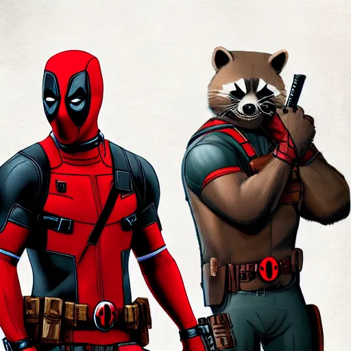 Image similar to deadpool and rocket raccoon in the woods digital art 4 k detailed