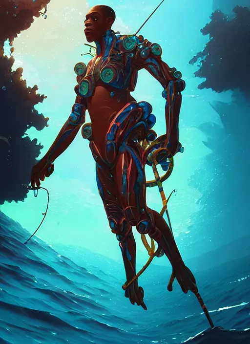 Image similar to portrait of a jamaican fisherman sci - fi glowing fishing armor muscular cyberpunk intricate elegant highly detailed digital painting artstation concept art, ocean fish background, greg rutkowski, loish, rhads, ferdinand knab, makoto shinkai and lois van baarle, ilya kuvshinov, rossdraws, tom bagshaw