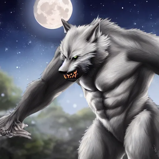 Image similar to male werewolf transformation at night with black realistic fur, under the moon, ultra detail, anime style, 8 k