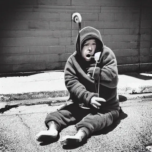 Image similar to “ hamster dressed as a homeless person sitting at an intersection with arms stretched out holding a tin can, trash on ground, sad atmosphere ”