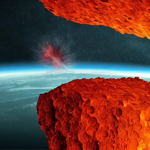 Image similar to Gigantic red-hot meteorite crashes into living planet, Bright colors, fantastic landscape, hyperrealism, no blur, 4k resolution, ultra detailed-i