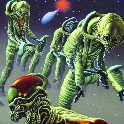 Image similar to a hyperrealistic painting of an alien invasion, by chris cunningham and richard corben, highly detailed, vivid color,