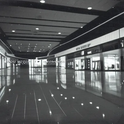 Prompt: A creepy photo of an empty mall from the 1980s, disposable film, flash photography