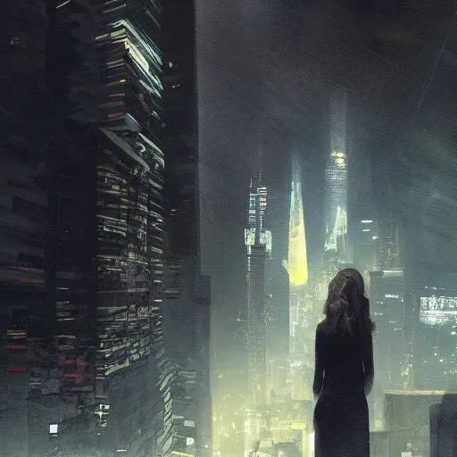 Prompt: “ a girl standing on a ledge looking down at a futuristic new york city below, bright city lights, storm clouds, rain, dramatic lighting, digital art, concept - art by craig mullins ”