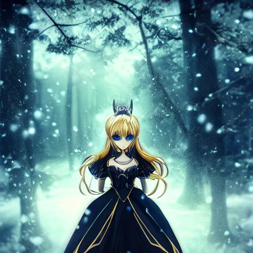 Image similar to focus face portrait of beautiful darkness knight 3D anime girl, golden armor wearing, dark forest background, snowing, bokeh, inspired by Masami Kurumada, digital painting, high contrast, unreal engine render, volumetric lighting, high détail