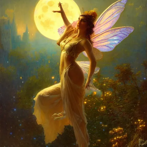 Image similar to attractive fairy magically floating high in the night, fantasy, full moon in background. highly detailed painting by gaston bussiere, craig mullins, j. c. leyendecker, mid shot, 8 k realistic, cryengine, frostbite 3 engine, sharp focus