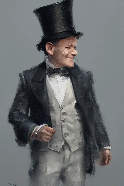 Prompt: a grey hair old halfling top hat and suit no beard by Greg Rutkowski, painting, portrait, HD, high details, trending on artstation