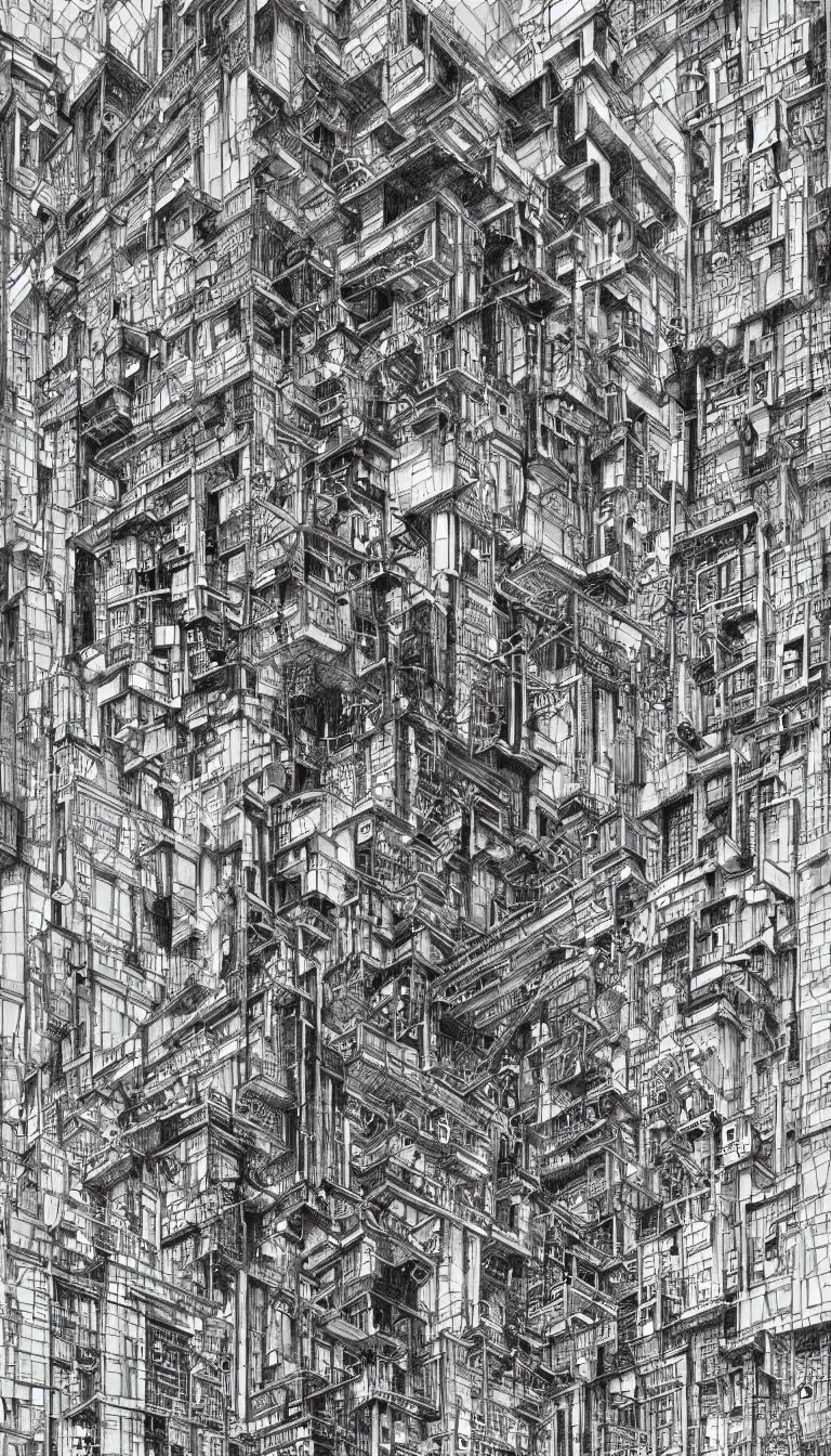 Image similar to a black and white drawing of a building, a detailed mixed media collage by hiroki tsukuda and eduardo paolozzi, intricate linework, sketchbook drawing, street art, polycount, deconstructivism, matte drawing, academic art, constructivism