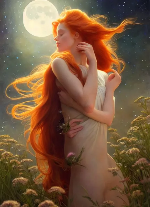Image similar to beautiful redhead girl surrounded by starlight, eyes closed, moon behind her, holding a fairy in her hand, shiny, fantasy, int ricate, elegant, hyper detailed, ultra definition, photoreal, artstation, unreal engine rendered, concept art, smooth, sharp focus, illustration, art by artgerm and greg rutkowski and alphonse mucha and garis edelweiss