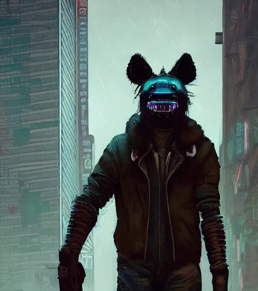 Image similar to new york city portrait icon of furry anthro anthropomorphic spotted hyena head animal person fursona wearing clothes strange cybernetic metal muzzle gloomy rainy screenshot from the video game cyberpunk 2077 digital art by Greg Rutkowski, Simon Stalenhag, christopher nolan trending on Artstation, CGSociety