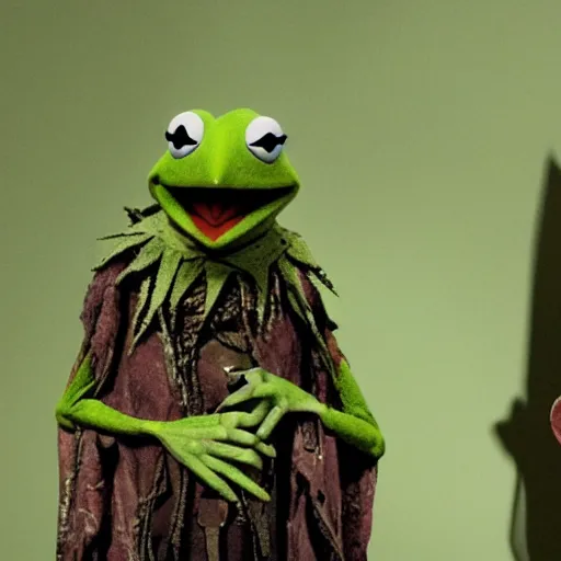 Image similar to kermit the frog as a skeksis in the dark crystal