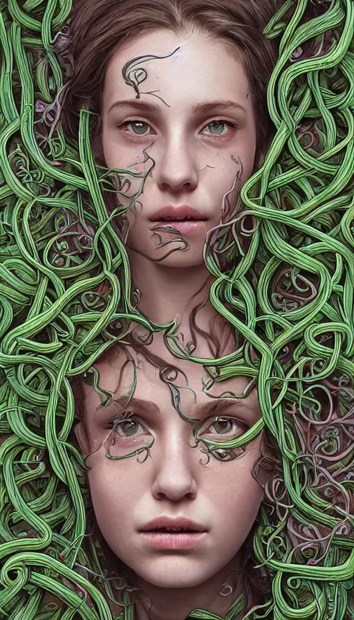 Prompt: very detailed portrait of a 2 0 years old girl surrounded by tentacles, the youg woman visage is blooming from fractal and vines, by sam spratt