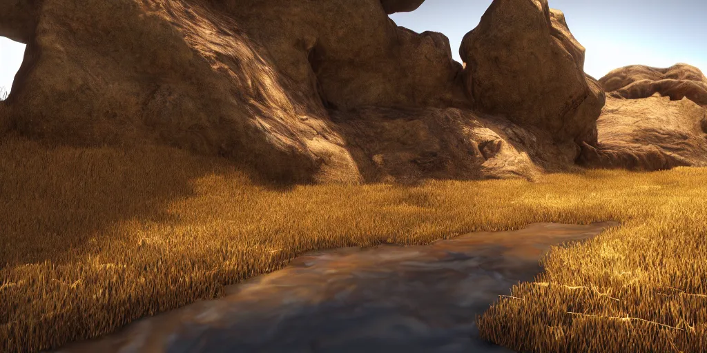 Prompt: a beautiful crack in - between two mountains with golden balls of hay on top and a little creek of blood running through it, volumetric lighting, cinematic composition, 4 k render by rembrandt, unreal engine