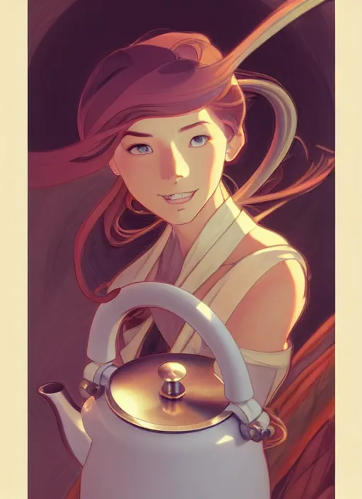 Image similar to stylish modern kettle boiling water, steam coming from spout, natural lighting, path traced, highly detailed, high quality, digital painting, by don bluth and ross tran and studio ghibli and alphonse mucha, artgerm