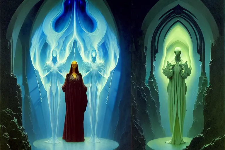 Prompt: the female arcanist and the male artificer by zacharias aagaard and albert bierstadt and gerald brom and zdzisław beksinski and james gilleard and marc simonetti and jean delville, beautiful, robes, highly detailed, hyperrealistic, intricate, energy, electricity, blue flame, low light, green crystal, high contrast