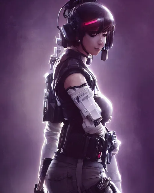 Prompt: anime key visual of a young female swat officer, neon, cyberpunk, futuristic, white top, black vest, stunning, highly detailed, digital painting, artstation, smooth, soft focus, illustration, art by artgerm and greg rutkowski and alphonse mucha