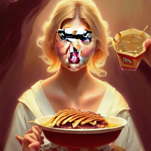 Prompt: Kate Upton eating big macs, dripping BBQ Sauce, serving happy meals, D&D, spilling ketchup, fantasy, intricate, elegant, highly detailed, digital painting, artstation, concept art, matte, sharp focus, illustration, hearthstone, art by Artgerm and Greg Rutkowski and Alphonse Mucha