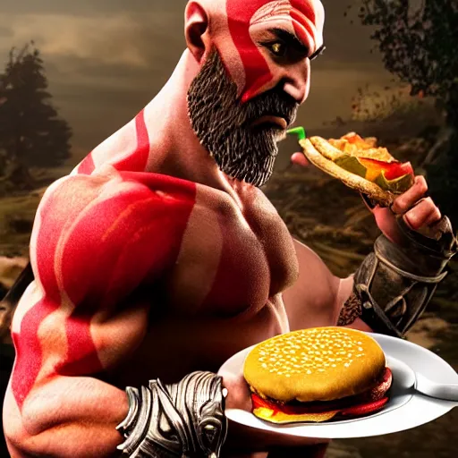 Image similar to kratos from god of war eating a cheeseburger