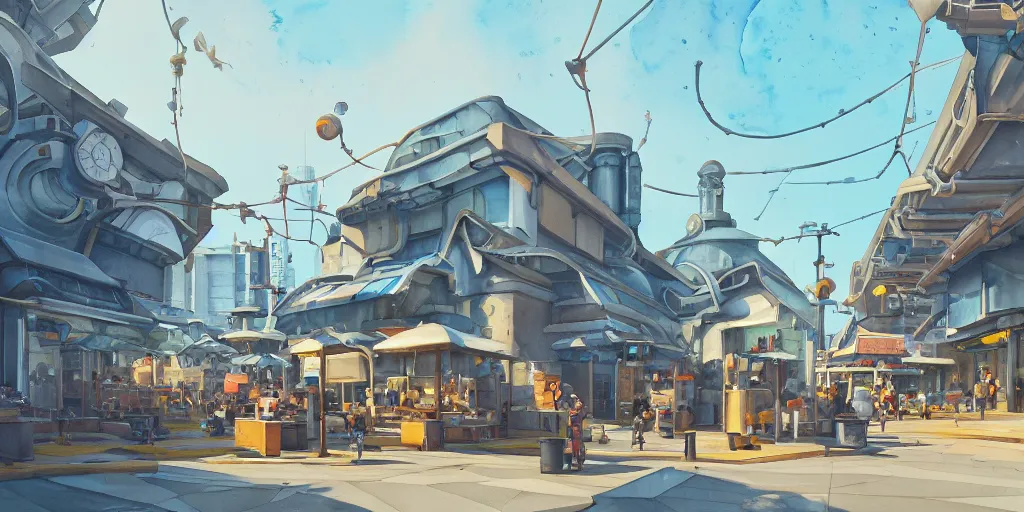 Image similar to overwatch building, stylized, exterior, architecture, in watercolor gouache detailed paintings, insanely detail, artstation, 8 k, futuristic, big medium small, arcane, simon stalenhag, food stall, interesting shapes & form, golden ratio, megastructures, vitaly bulgarov, mall, slums