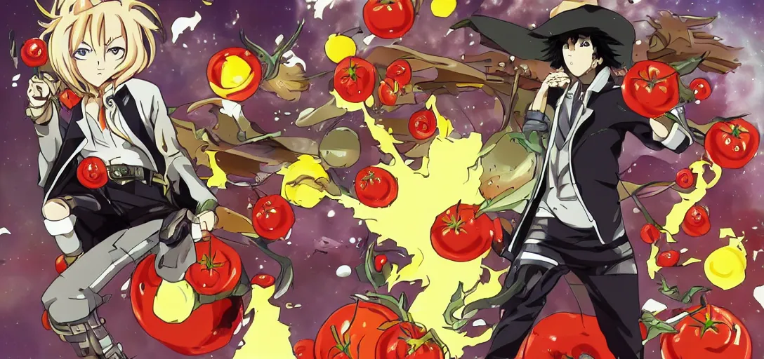 Image similar to a soul hunting space cowboy, in the style of anime, fight scene with tomatoes