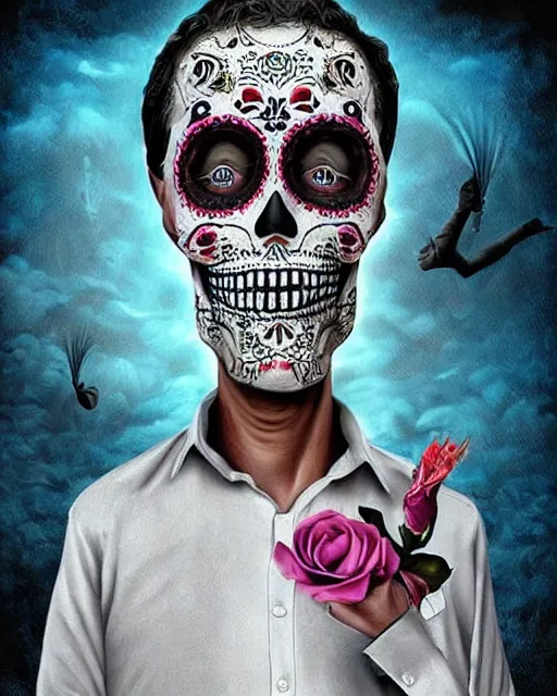 Image similar to dia de los muertos hombre theme surrealist art in the styles of igor morski, jim warren, and a tim burton film, intricate, hyperrealistic, accurate facial details, profile picture with chromakey!!!!! background, volumetric lighting