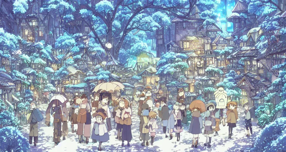 Prompt: Anime visual of a cozy steampunk village in an alien forest; cheerful and peaceful mood; illustrated by Hayao Miyazaki; anime production by Studio Ghibli; winter