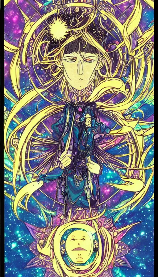 Prompt: anime tarot card based on the card Judgement,, beautiful lines, cosmic, psychedelic, detailed, clean