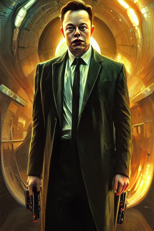 Image similar to elon musk as agent smith from the matrix, realistic portrait, symmetrical, highly detailed, digital painting, artstation, concept art, smooth, sharp focus, illustration, cinematic lighting, art by artgerm and greg rutkowski and alphonse mucha