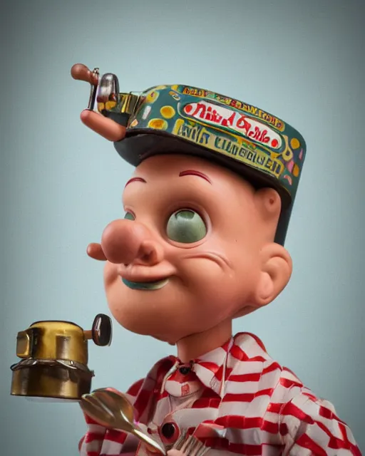 Prompt: highly detailed closeup, face profile portrait of a tin toy robert crumb in a retro 1 9 5 0 s kitchen eating cakes, depth of field, fashion photoshoot by nicoletta ceccoli, mark ryden, lostfish, dan decarlo, bob clampett, max fleischer, breathtaking, detailed and intricate environment, 8 k resolution, hyperrealistic, octane render