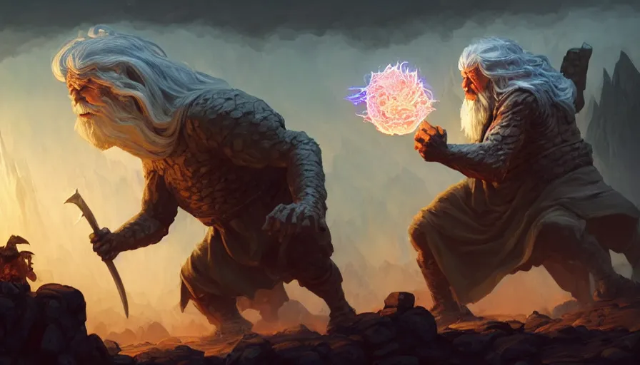 Prompt: gandalf fighting a rock golem with his magic, in a fantasy medieval land, d & d, fantasy, action pose, particle effects, digital painting, concept art, matte, sharp focus, volumetric lighting, illustration, hearthstone, artgerm, moebius, wlop, craig mullins, alphonse mucha