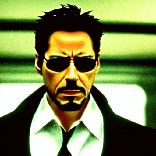 Image similar to cinematic still of Tony Stark in The Matrix (1999), XF IQ4, f/1.4, ISO 200, 1/160s, 8K, RAW, dramatic lighting, symmetrical balance, in-frame