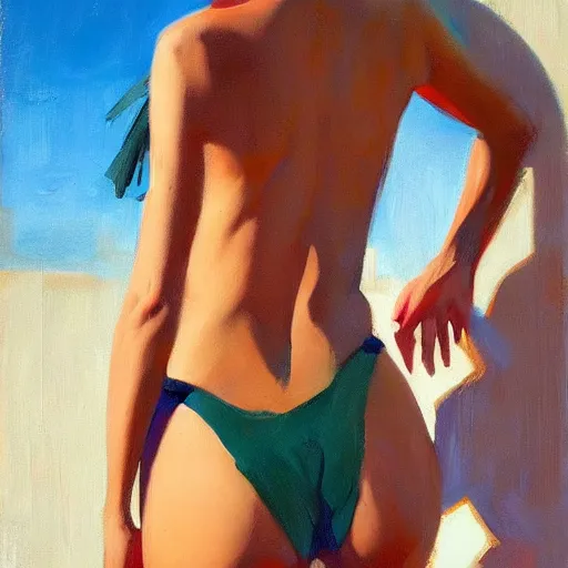 Prompt: greg manchess portrait painting of yorha type a no. 2 from behind in a bikini, organic painting, sunny day, matte painting, bold shapes, hard edges, street art, trending on artstation, by huang guangjian and gil elvgren and sachin teng