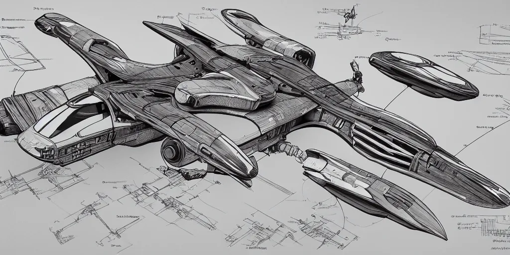 Image similar to highly detailed schematic, technical drawing, orthographic view, sci-fi hover racer, sci-fi pod racer