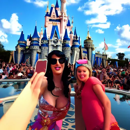 Image similar to katy perry takes a selfie in front of the disney world