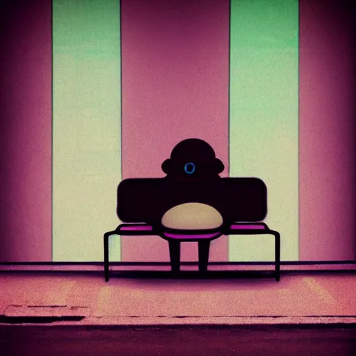 Prompt: vintage phto of a fat robot sitting alone in a streetbench, diezelpunk, cyberpunk, stray, neon lights