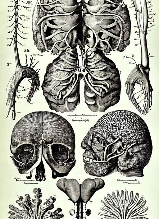 Image similar to anatomy textbook scientific anatomical illustration, made by Wenceslas Hollar and Ernst Haeckel in vintage Victorian England colourised print style