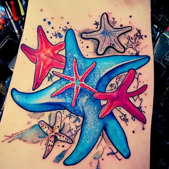 Prompt: starfish, tattoo design, watercolor, maximalist, high detail