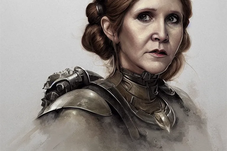 Image similar to a finely detailed portrait of Carrie Fisher, clothed in battle armor, olive skin, long dark hair, beautiful bone structure, symmetrical facial features, intricate, elegant, digital painting, trending on Artstation, concept art, smooth, sharp focus, illustration, from Metal Gear by Ruan Jia and Mandy Jurgens and Artgerm and Greg Rutkowski, award winning