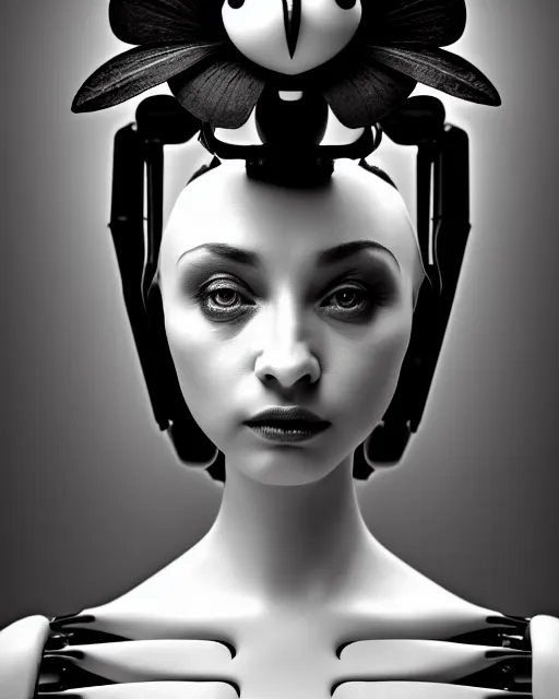 Prompt: surreal mythical dreamy dark artistic black and white fine art 3 / 4 portrait photo of a young delicate female robot with orchid - owl face, rim light, cinematic, studio dramatic light, poetic, octane render, 8 k, photo - realistic by hg giger