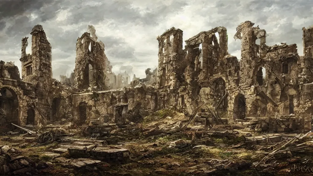 Prompt: High-Quality realist painting of the ruins of a medieval city after a war, ominous, very detailed, digital art.