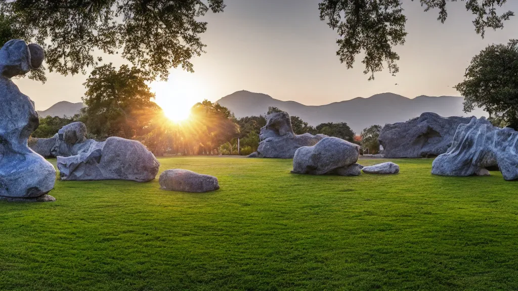 Prompt: a colossal abstract granite sculpture garden by michelangelo an henry moore, on a green lawn, distant mountains, golden hour, 8 k, dslr camera, the merely beautiful bore me to death